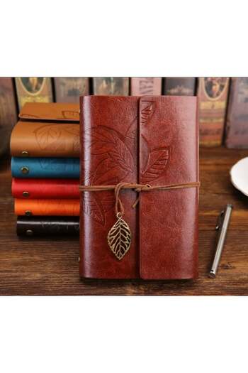 Hediye Sahibi Leather Cover Retro Leaf Patterned Memory Book Claret Red
