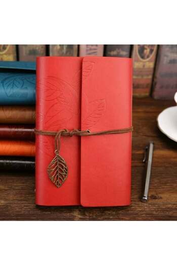 Hediye Sahibi Leather Cover Retro Leaf Patterned Memory Book Red
