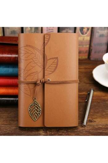 Hediye Sahibi Leather Cover Retro Leaf Patterned Memory Book Brown