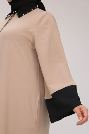 Eslina 56008 Large Size Sleeve Garnished Etamin Abaya Ferace - Black-Mink