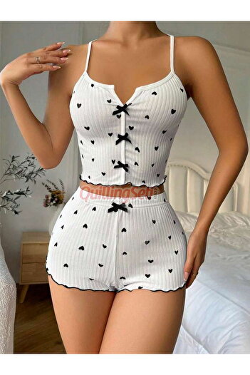 quilling Patterned Knitted Fabric White Color S-18 Lycra Shorts Pajama Set: Softness and Elasticity Together!