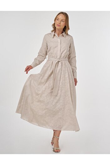 Kayra Embroidered Collar Cotton Dress Stone