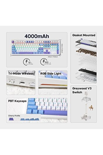 Epomaker Aula F108 Wireless Full-Size Mechanical Gaming Keyboard (White & Blue)