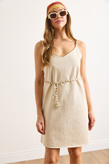 Olalook Women's Stone Strap Belted Mini Linen Look Dress Elb-19002465