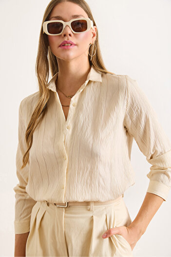 Olalook Women's Beige Transparent Striped Regular Fit Flowing Shirt Gml-19001334