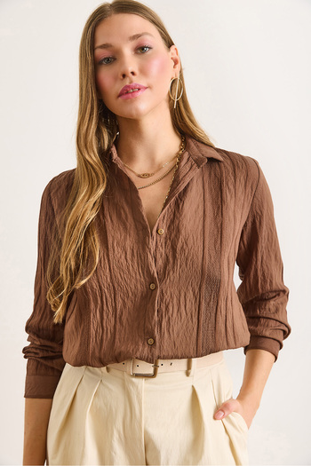 Olalook Women's Brown Geometric Stripe Detailed Flowing Shirt Gml-19001335