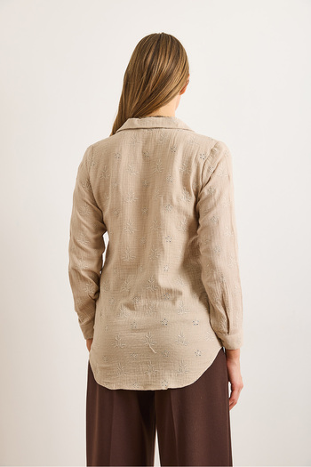 Olalook Women's Camel Embroidery Detailed Muslin Shirt Gml-19001333
