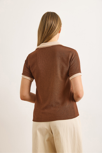 Olalook Women's Brown Beige Polo Neck Color Block Wrap Blouse Blz-19003046