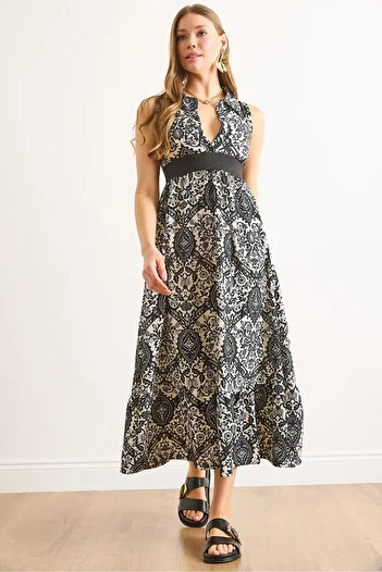 Olalook Women's Black Shirt Collar Elastic Waist Long Dress Elb-19002468