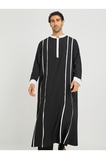 Take Two By Styli Black Striped Stand Collar Long Sleeve Kurta