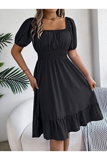 buğrahayalin Women's Short Sleeve Square Collar Short Knit Dress with Elastic Waist
