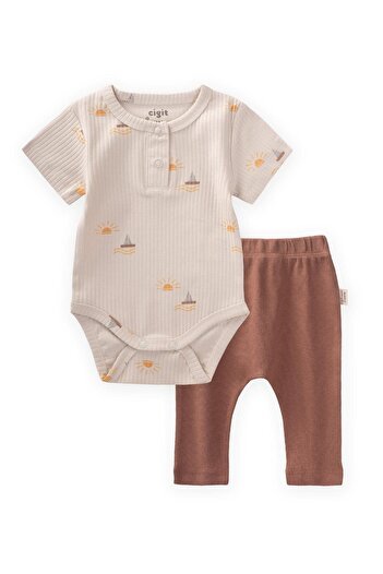 Cigit Patterned Bodysuit Set 0-3 Years Sailing Pattern