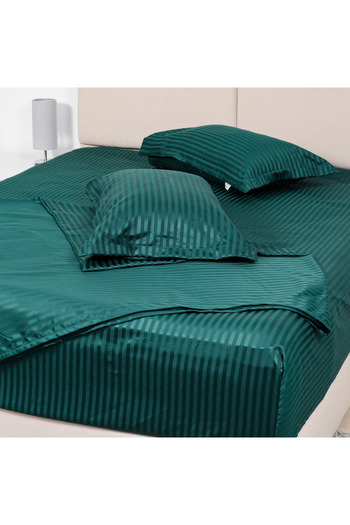 Bed N Home SA Satin fitted bed sheet set, striped, 1 cm, green, 100% Egyptian cotton, 350 thread count, 2 pillowcases, 140*200 cm