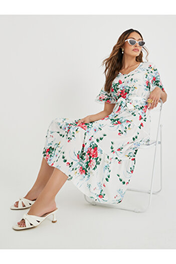Take Two By Styli Women White Floral Print Ruffle Trim A-Line Midi Dress with Tie Waist