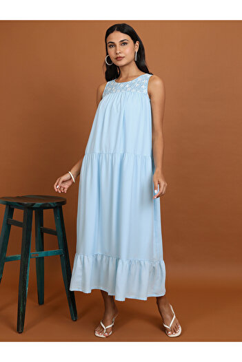 Vishudh By Styli Women Blue Embroidered Sleeveless A-Line Maxi Dress