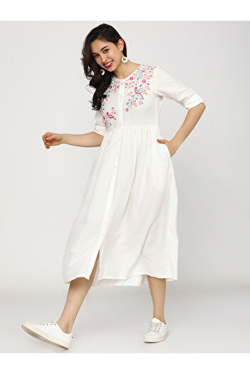 Vishudh By Styli Embroidered Round Neck A-Line Midi Dress with Button Front