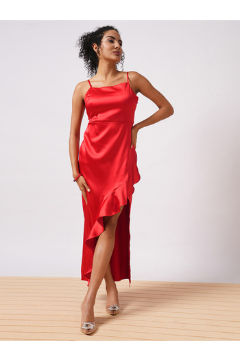Globus By Styli Women Red Solid Satin Asymmetric Hem Sheath Maxi Dress with Ruffle Detail