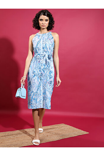 Vishudh By Styli All-Over Printed Halter Neck Sheath Midi Dress with Belt