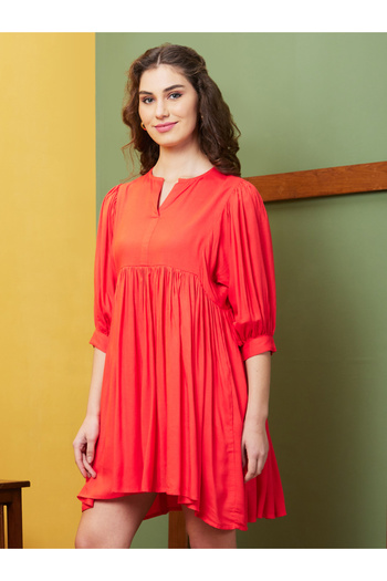 Globus By Styli Women Orange Solid Gathered A-Line Mini Dress