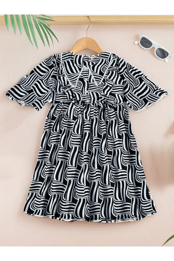 Bella Moda By Styli All-Over Print Lace Trim Cotton Dress with 3/4 Sleeves