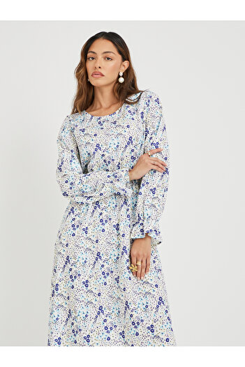 Take Two By Styli Ditsy Floral Print Long Sleeve A-Line Midi Dress
