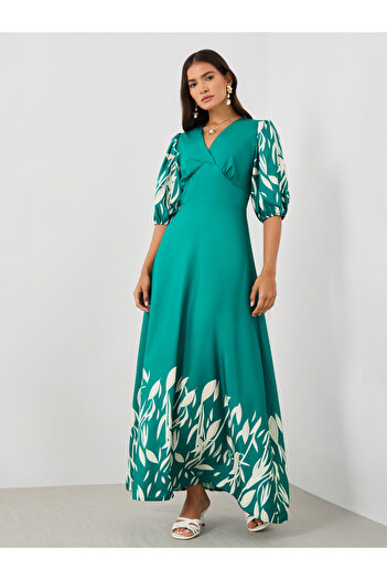 Styli Printed Balloon Sleeves A-Line Maxi Dress