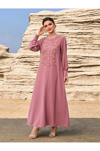 Take Two By Styli Floral Embroidered Round Neck Button Front Jalabiya
