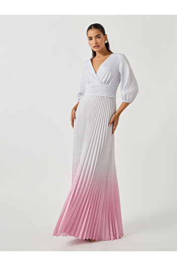 Styli Ombre Print Pleated Balloon Sleeves A-Line Maxi Dress