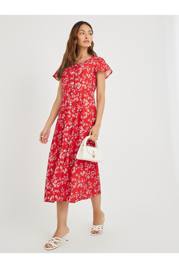 Take Two By Styli Women Red Floral Print Button Front A-Line Midi Dress
