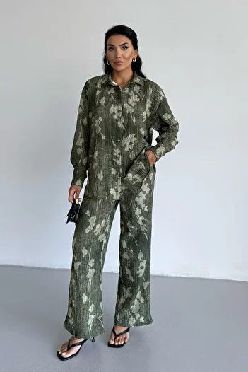 Yefrastore Crinkle Textured Green Floral Suit