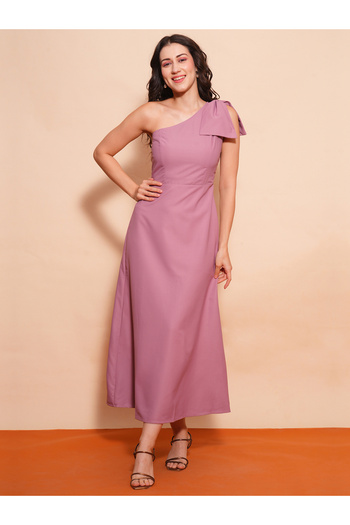 Globus By Styli Women Pink Solid One Shoulder A-Line Maxi Dress with Bow Detail