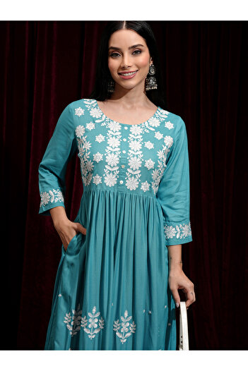 Vishudh By Styli Women Embroidered Round Neck A-Line Midi Dress