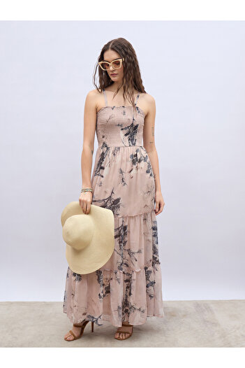Styli Floral Printed Strappy Tiered Maxi Dress with Smocked Bodice