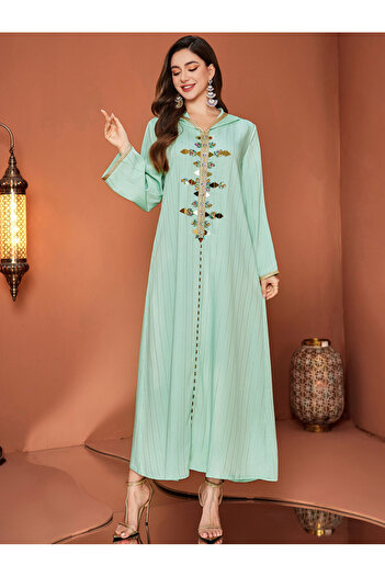 Take Two By Styli Striped Embroidered Hooded Jalabiya