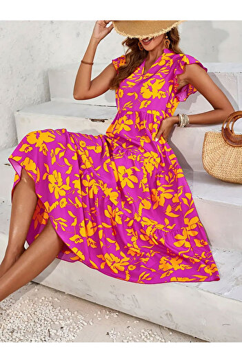 Take Two By Styli Floral Print Ruffled Sleeve Tiered Midi Dress