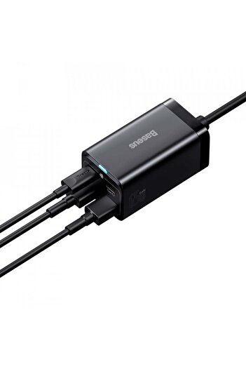 Baseus Încărcător de perete GaN3 Pro cu cablu Type-C la Type-C, 2xUSB-C, PD, 65W și USB-A 5A, - Negru