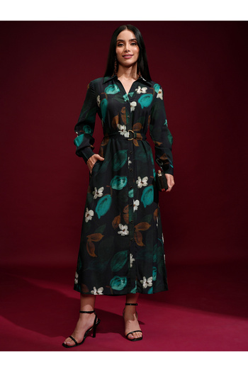 Vishudh By Styli Floral Printed Belted Shirt Midi Dress