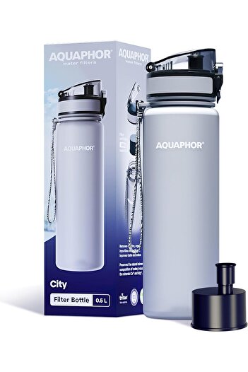 Aquaphor City Bottle 500ml Grey | Travel Water Bottle with Activated Carbon Filter | Filters Chlorin