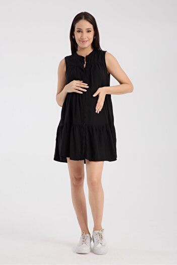 Işşıl Işşil 1646-Washed Cotton Judge Collar Maternity Mini Gilet Tunic-Dress