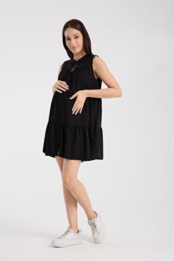 Işşıl Işşil 1646-Washed Cotton Judge Collar Maternity Mini Gilet Tunic-Dress