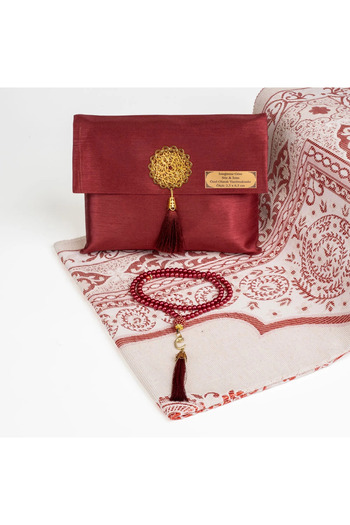 Hayrat Neşriyat Prayer Rug + Prayer Beads Gift Set (Shantuk Pouch, Claret Red)