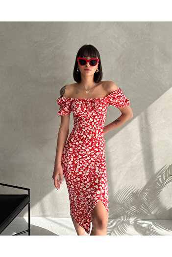 EYLANA Summer Flower Pattern Watermelon Sleeve Slit Detail Dress