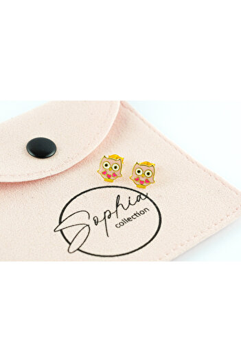 Sophia Collection Children's earrings 925 silver with 24k gold plating, pink owl model, Sophia Collection