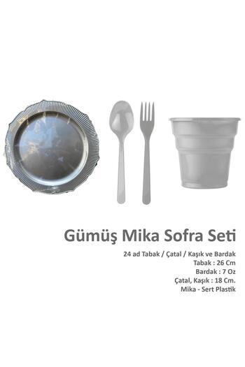 omeyva 26 Cm. Mika Plastik Gümüş Sorfa Piknik Seti - 24 Kişilik Tabak Bardak Çatal Kaşık Takımı