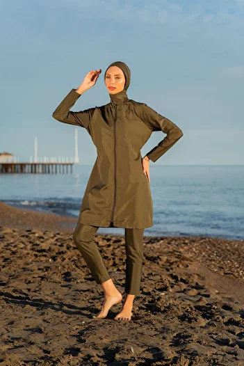 Ruko Maio Your Name Is Khaki Color Parachute Fabric Zippered Full Hijab Swimsuit C7T5N2O52-3