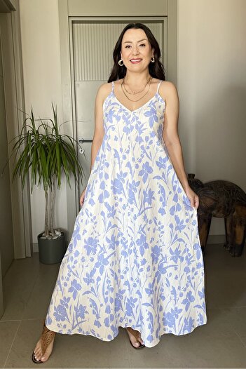 Butik İnce Ayarlanabilir Askılı V Yakalı Uzun Elbise