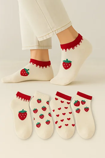 KaeLaurean Cotton Seamless 4-Piece Strawberry Patterned Women's Socks