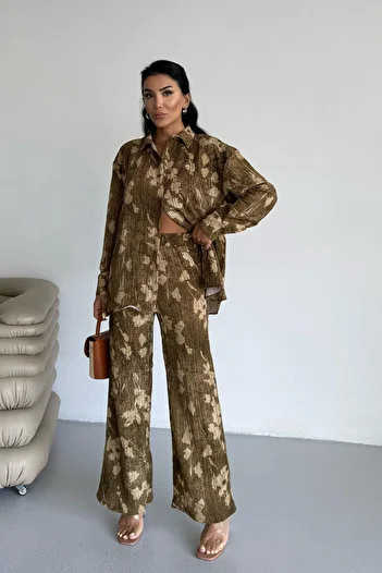 Yefrastore Crinkle Textured Dark Mustard Floral Suit