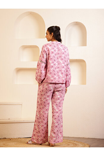 Sanskrutihomes By Styli Women Pink Floral Print Lace Trim Shirt and Pyjama Set
