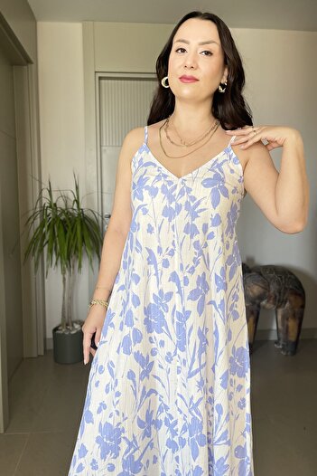 Butik İnce Ayarlanabilir Askılı V Yakalı Uzun Elbise